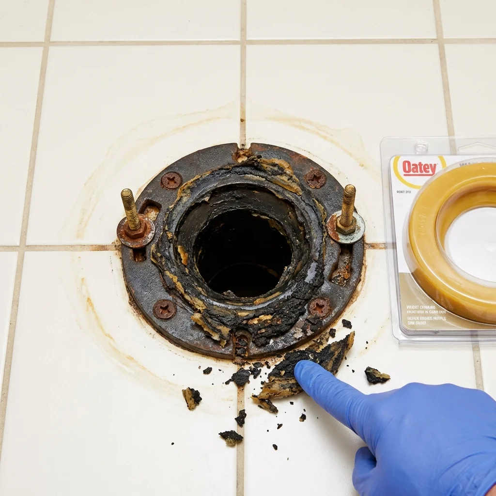 Failed wax ring showing water seepage at the base of a toilet in a Marion, TX home