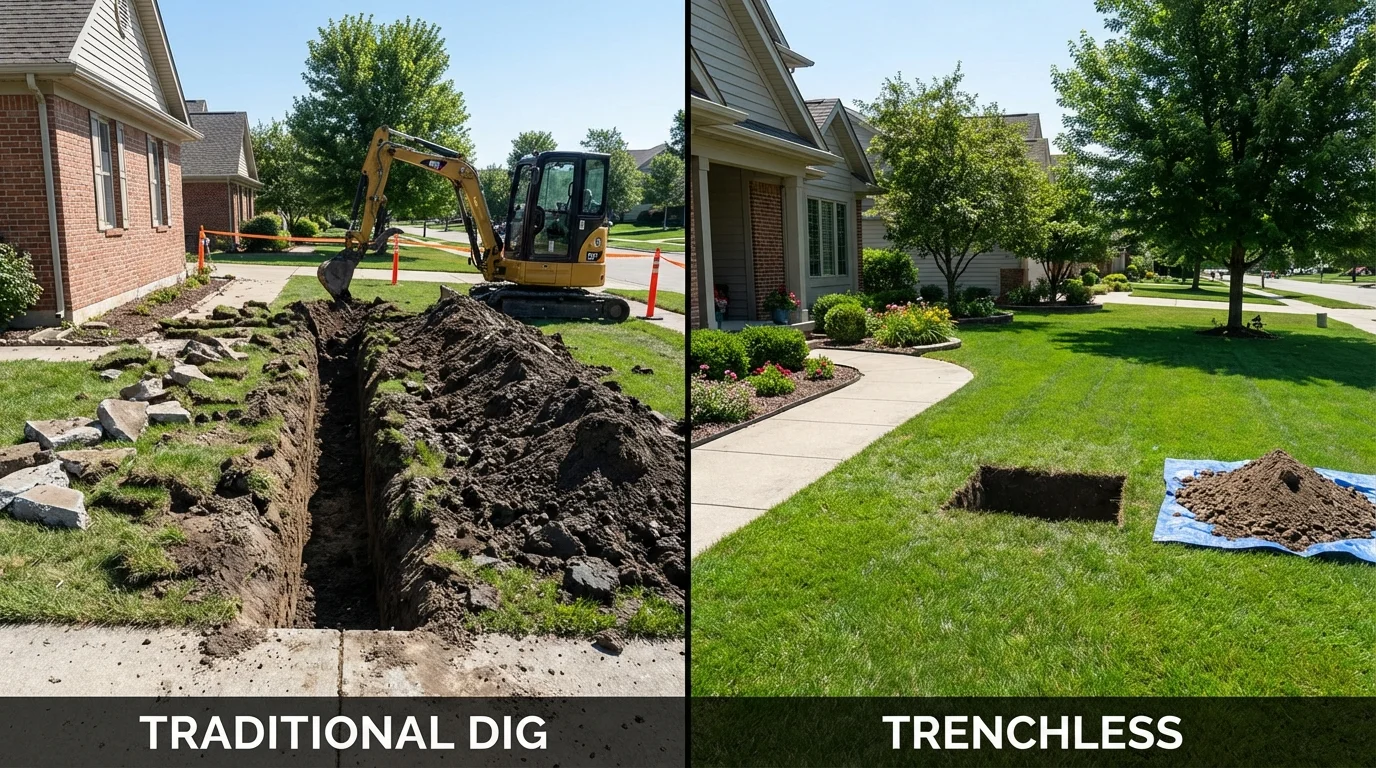 Trenchless sewer repair with minimal yard damage versus traditional excavation in Marion, TX