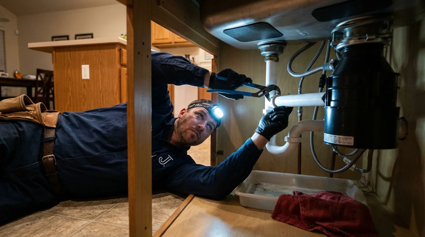 P-trap and supply line connections under a kitchen sink showing a common leak point in Marion, TX